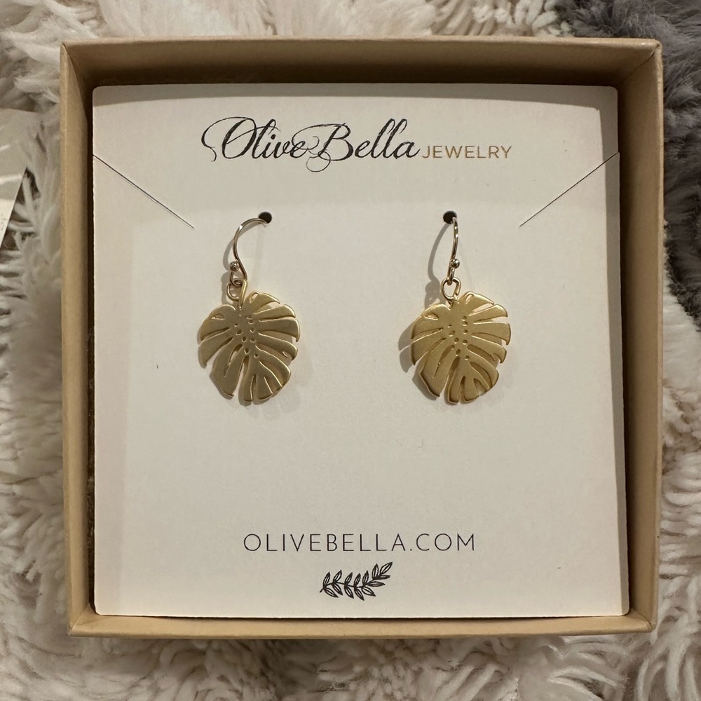 Olive Bella Gold Monstera Palm Leaf Earrings